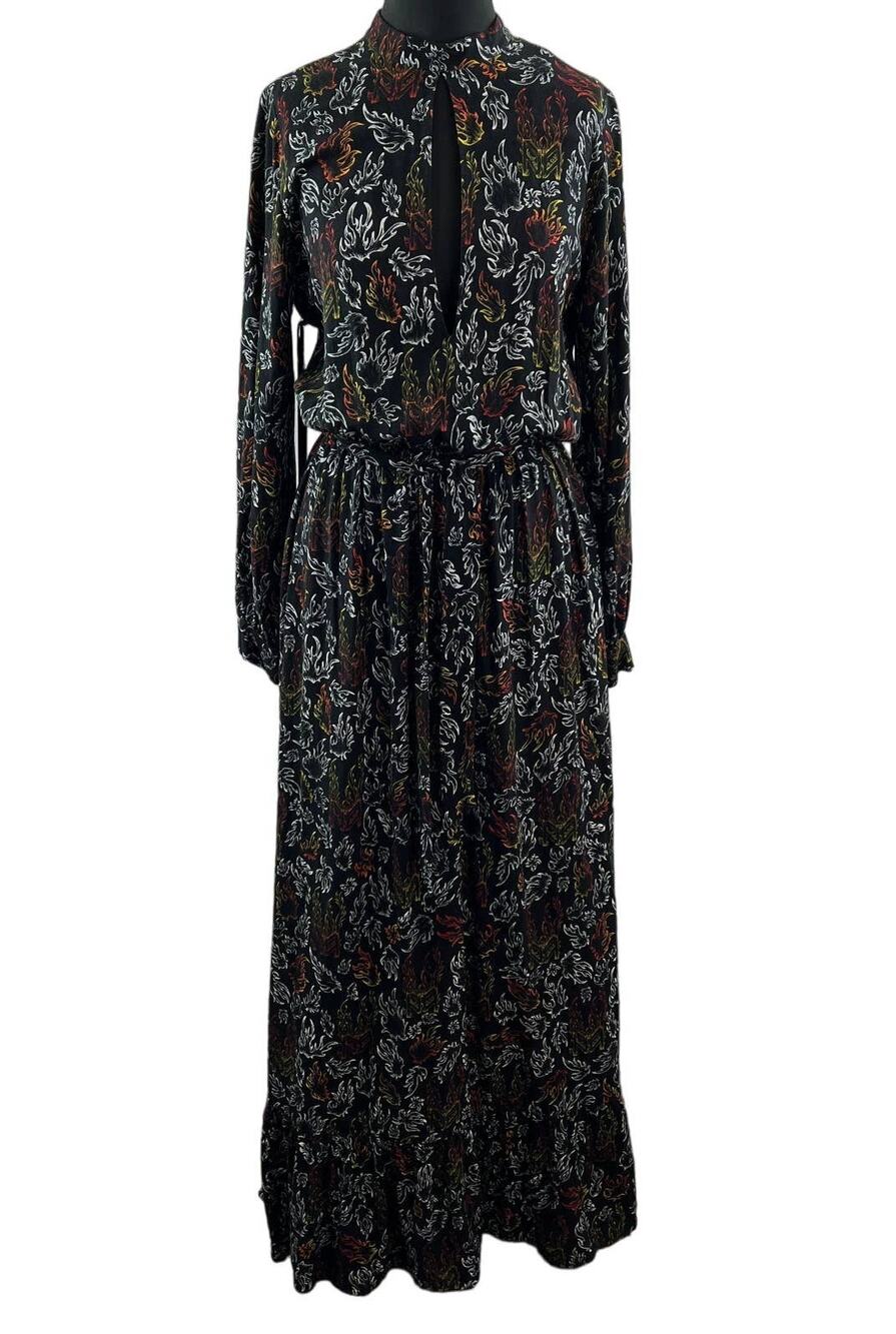 Marcell von Berlin Black Fire Print Keyhole Long Sleeve Peasant Maxi Dress US 4